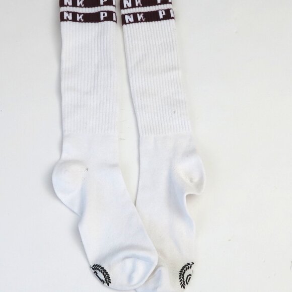 Super Rare Vintage White Knee High Socks w/ Red Macaroon Band & PINK Logo Unworn - Picture 2 of 7
